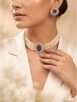 Gahan - Elegant Blue Stone Pearl Choker Necklace with Matching Stud Earrings