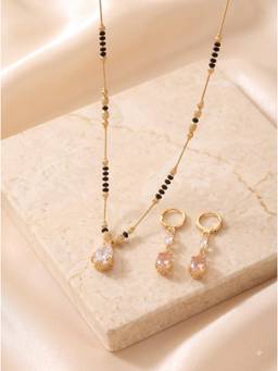 Gahan - Gold-Plated Baby pink Stone Mangalsutra with Matching Drop Earrings Set for Women