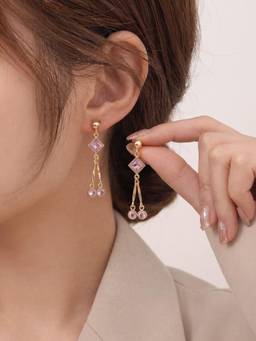 Gahan - Women’s Gold-Plated Baby pink Teardrop Crystal Drop Earrings with Floral Design