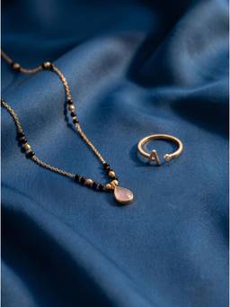 Gahan - Gold-Plated Pink Beaded Pink Stone Teardrop Pendant and A Letter Ring for Women
