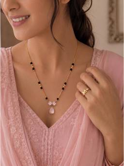 Gahan - Gold-Plated Pink Beaded Pink Stone Teardrop Pendant and M Letter Ring for Women