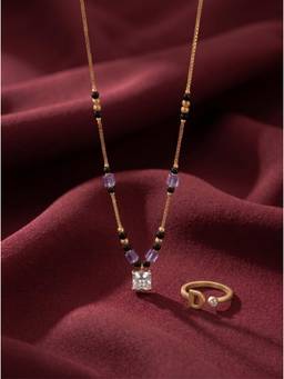 Gahan - Gold-Plated Multi-Color Beaded Lavender Stone Teardrop Pendant and D Letter Ring for Women
