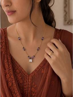 Gahan - Gold-Plated Multi-Color Beaded Lavender Stone Teardrop Pendant and R Letter Ring for Women