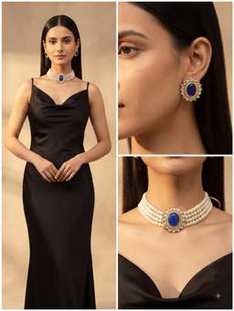 Gahan - Elegant Blue Stone Pearl Choker Necklace with Matching Stud Earrings