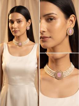 Gahan - Elegant Pink Stone Pearl Choker Necklace with Matching Stud Earrings