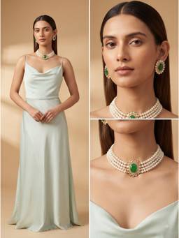 Gahan - Elegant Green Stone Pearl Choker Necklace with Matching Stud Earrings