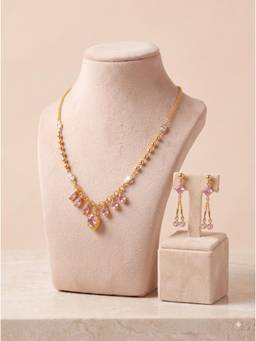 Gahan - Gold-Plated Baby pink Stone Necklace with Matching Drop Earrings Set for Women