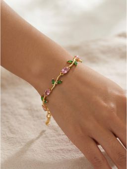 Gahan - Women’s Gold-Plated Pink & Green Floral Leaf Design Adjustable Bracelet