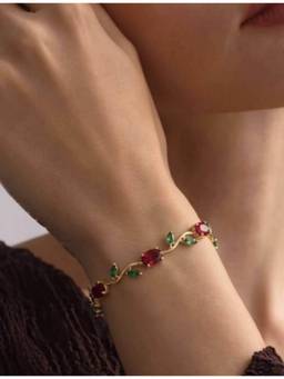 Gahan - Women’s Gold-Plated Red-Green Floral Leaf Design Adjustable Bracelet