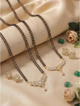 Gahan - Gold-Plated Black Beaded Mangalsutra Necklace with Earrings for Women