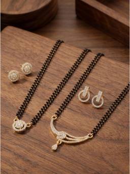 Gahan - Gold-Plated Black Beaded Mangalsutra Necklace with Earrings for Women