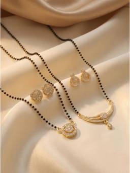 Gahan - Gold-Plated Black Beaded Mangalsutra Necklace with Earrings for Women