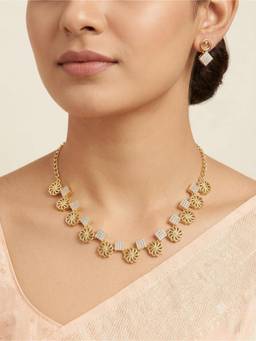 Gahan - Gold Floral & Crystal Square Link Necklace Set with Matching Geometric Stud Earrings