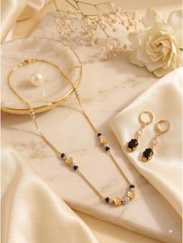 Gahan - Gold-Plated Black and White Stone Mangalsutra with Matching Drop Earrings Set for Women