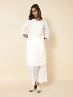 Fabindia - White Cotton Chikankari Knee Length Kurta