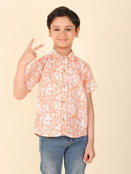 Fabindia - Peach Cotton Hand Block Printed Shirt