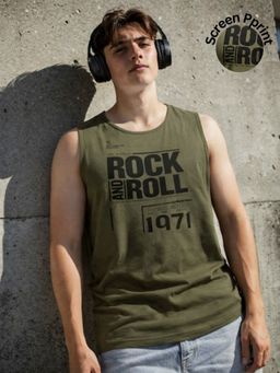 RIGO - Typography Printed Cotton Round Neck Army Green Sleeveless Vest T-Shirt