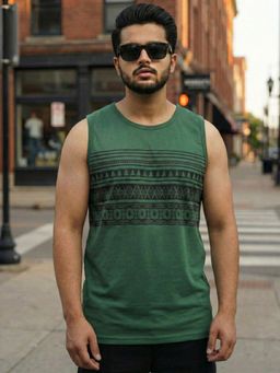 RIGO - Bottle Green Printed Cotton Sleeveless Round Neck Training Vest T-Shirt