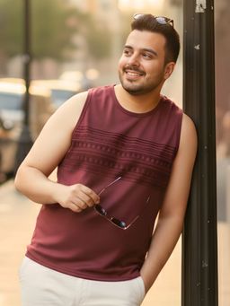 RIGO - Cotton Sleeveless Maroon Melange Printed Round Neck Gym Vest T-Shirt