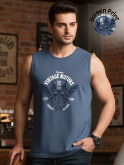 RIGO - Regular Fit Blue Sports Graphic Printed Cotton Sleeveless Dry Move Vest T-Shirt