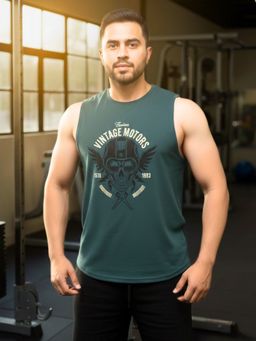 RIGO - Running Teal Graphic Printed Cotton Sleeveless Casual Vest T-Shirt