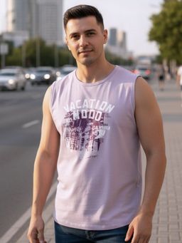 RIGO - Sleeveless Round Neck Light Purple Typography Print Cotton Vest T-Shirt