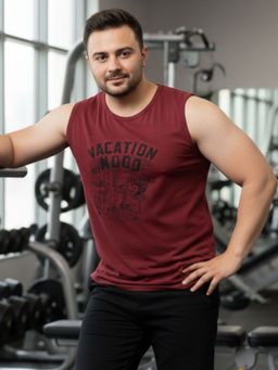 RIGO - Round Neck Maroon Typography Print Cotton Sleeveless Vest T-Shirt