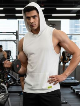 RIGO - Solid Print Hooded Sleeveless Regular Fit Cotton White Kangaroo Pocket Vest T-Shirt