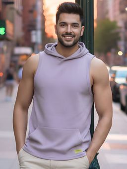 RIGO - Light Purple Sleeveless Cotton Solid Hooded Kangaroo Pocket Vest T-Shirt