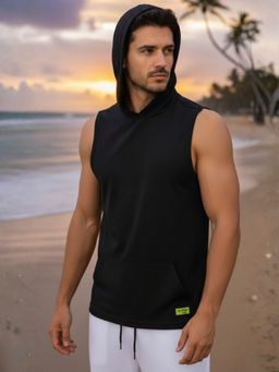 RIGO - Cotton Solid Black Sleeveless Hooded Kangaroo Pocket Sports Vest T-Shirt
