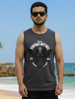 RIGO - Round Neck Dark Grey Sleeveless Printed Cotton Vest T-Shirt