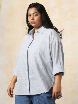 High Star - Freeform by High Star Women Oversized Fit Opaque Casual Cotton Striped Shirt