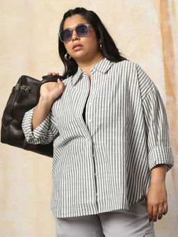 High Star - Freeform by High Star Women Oversized Fit Opaque Casual Cotton Striped Shirt