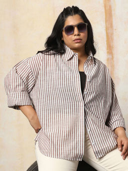 High Star - Freeform by High Star Women Oversized Fit Opaque Casual Cotton Striped Shirt