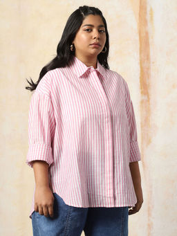 High Star - Freeform by High Star Women Oversized Fit Opaque Casual Cotton Striped Shirt