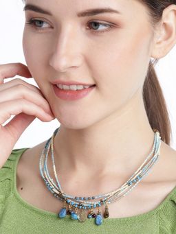 RICHEERA - Women Blue and Off-White Antique Gold-Plated Beaded Necklace