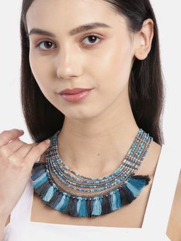 RICHEERA - Blue and Black Silver-Plated Tasselled Beaded Multi-Stranded Necklace
