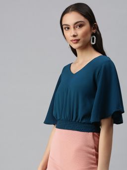 SHOWOFFFF - Women V-Neck Flare Sleeves Solid Teal Top