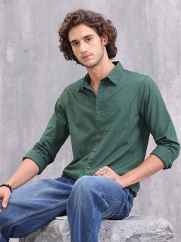 WROGN - Pure Cotton Enzyme Washed Regular Fit Shirt I Green
