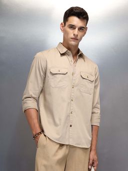 WROGN - Men's Casual Cargo Double Pocket Shirt-Beige