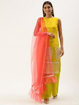 Ethnovog - Ready To Wear Yellow Georgette Kurta With Palazzo And Dupatta (Set of 3)