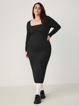 Cider - Solid Square Neck Long Sleeve Midi Dress Curve & Plus