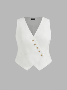 Cider - Linen-blend V-neck Solid Button Jacket Vest Curve & Plus