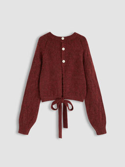 Cider - Knit Round Neckline Hollow Out Rhombus Knotted Long Sleeve Top