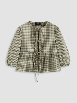 Cider - 100% Cotton Round Neckline Gingham Tie Front Long Sleeve Blouse