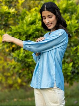 Gharana India - Chanderi Chikankari Bright Blue Top