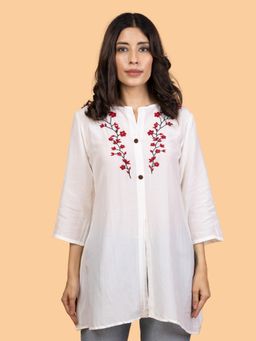 Gharana India - Off White Chikankari Top with Intricate Floral Embroidery
