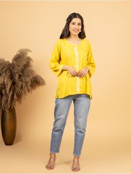 Gharana India - Luxury Rayon Yellow Chikankari Top
