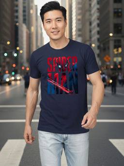 Greylongg - Men's Navy Blue Polyester Casual Graphic T-Shirt