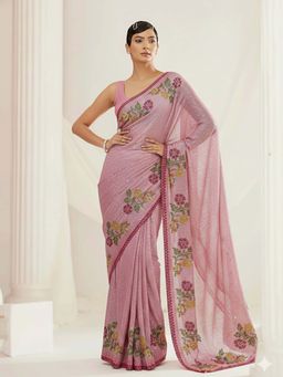 HANDME - Ready To Wear Pink Rose Embellished Sequins Saree with Unstitched Blouse
